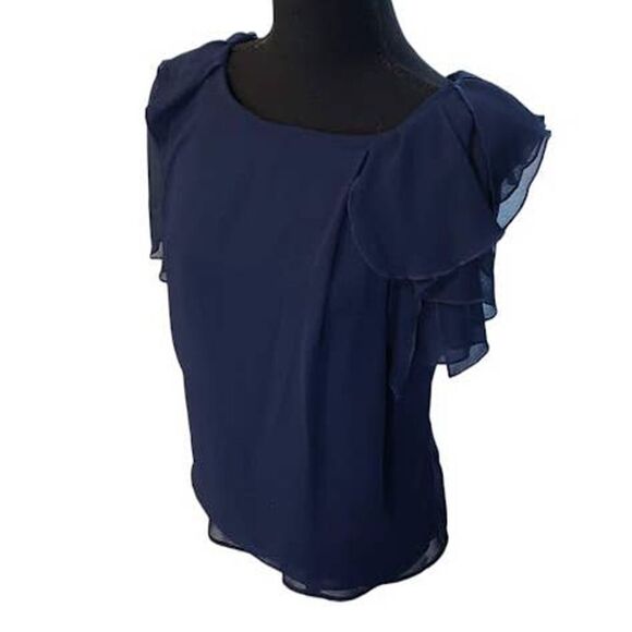 BCBGeneration Navy Blue Ruffle Short Sleeve Top Small - Picture 3 of 7